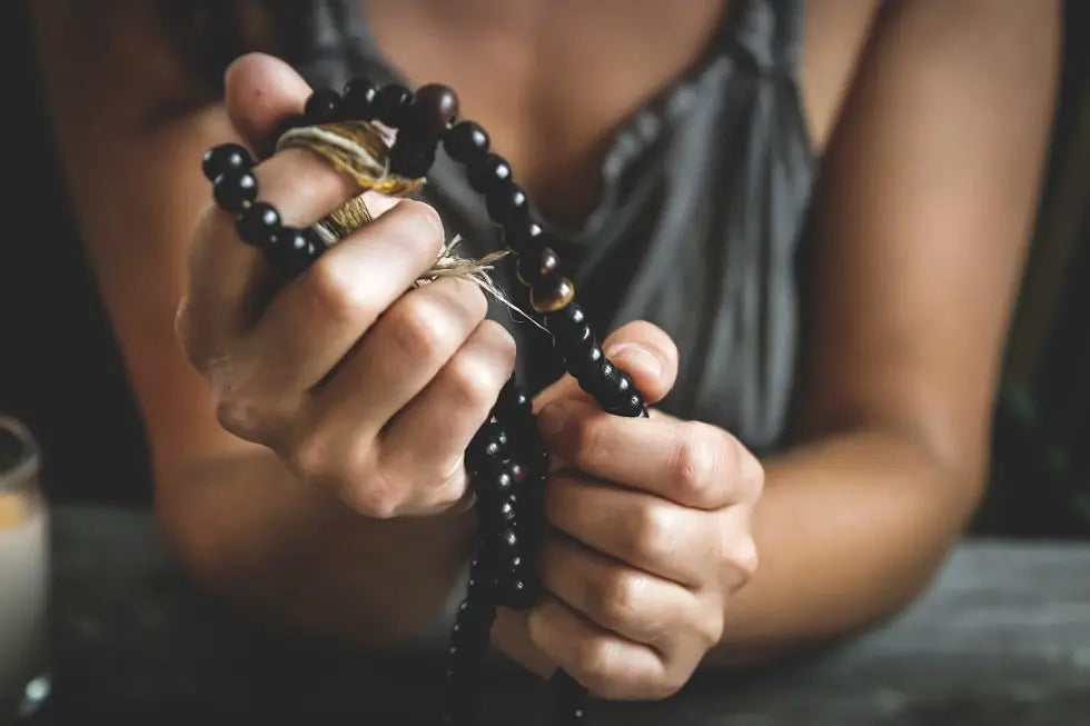 Sacred Mala Genuine Rudraksha + Healing Gemstones. Hand-Knotted. Serenity Factory