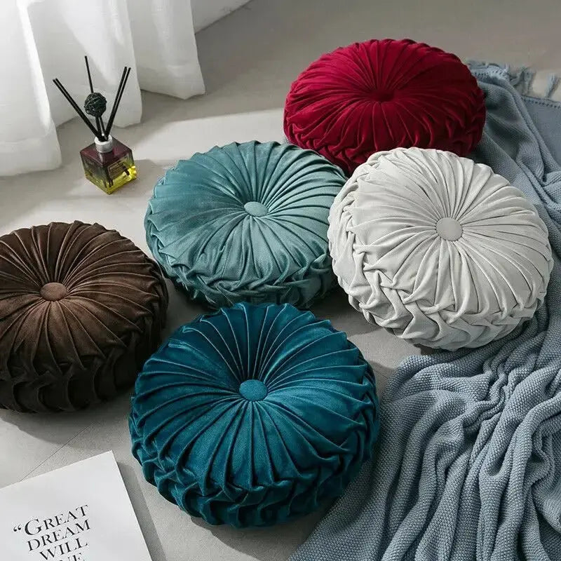 Velvet Pumpkin Pleated Floor Cushion – Cozy Round Accent Pillow - Serenity Factory US