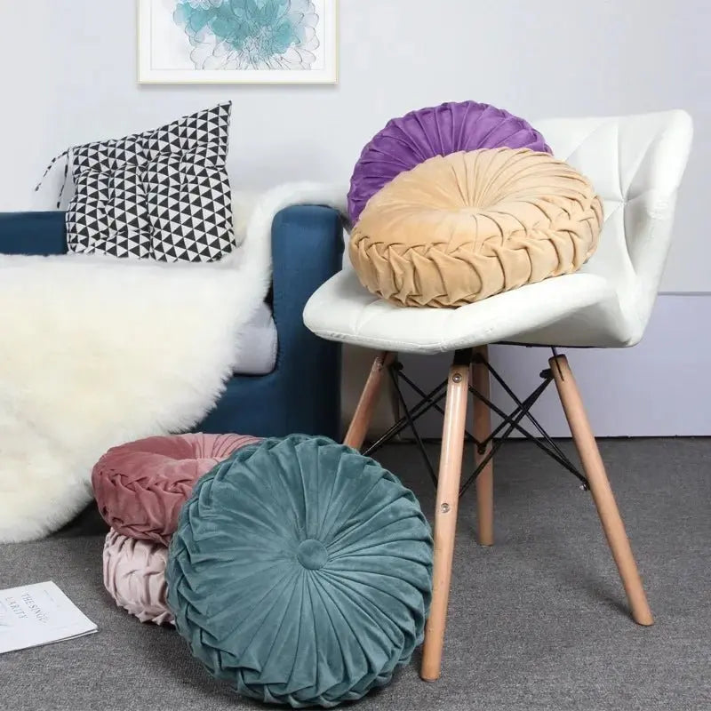 Velvet Pumpkin Pleated Floor Cushion – Cozy Round Accent Pillow - Serenity Factory US