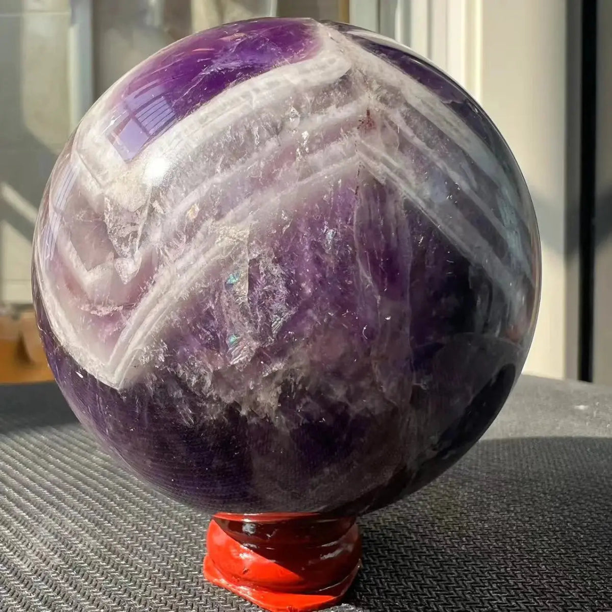 Chevron Amethyst Sphere – 3.35" Calming the Mind Stone - Serenity Factory