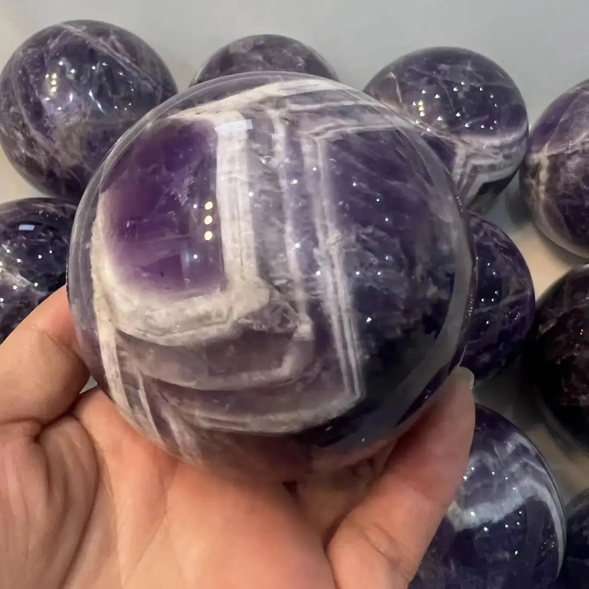 Chevron Amethyst Sphere – 3.35" Calming the Mind Stone - Serenity Factory