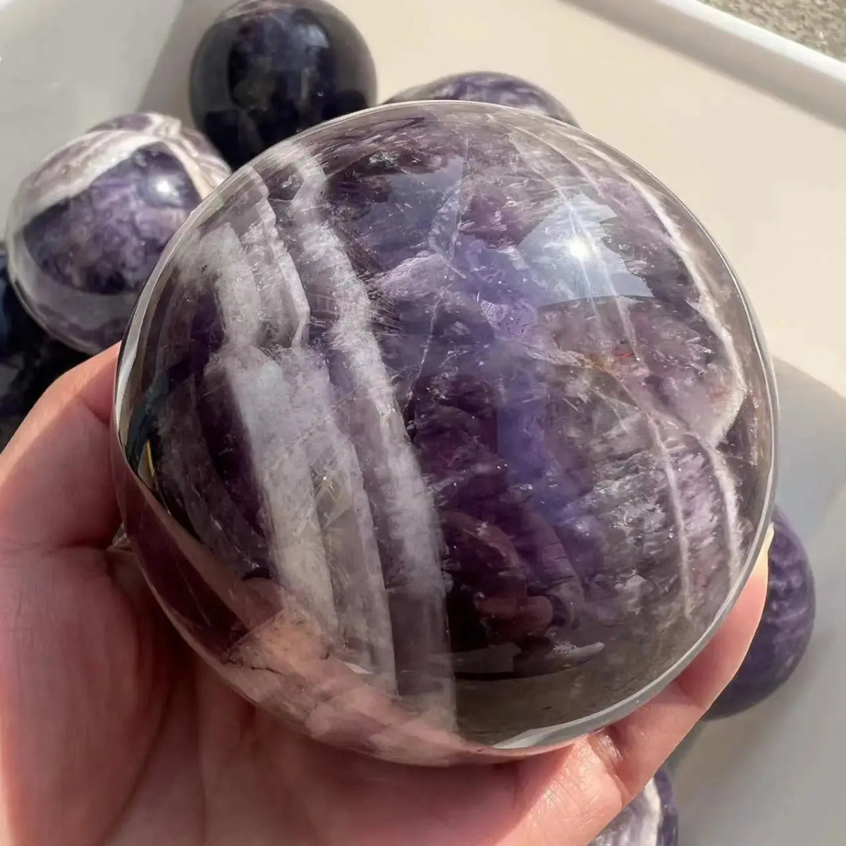Chevron Amethyst Sphere – 3.35" Calming the Mind Stone - Serenity Factory