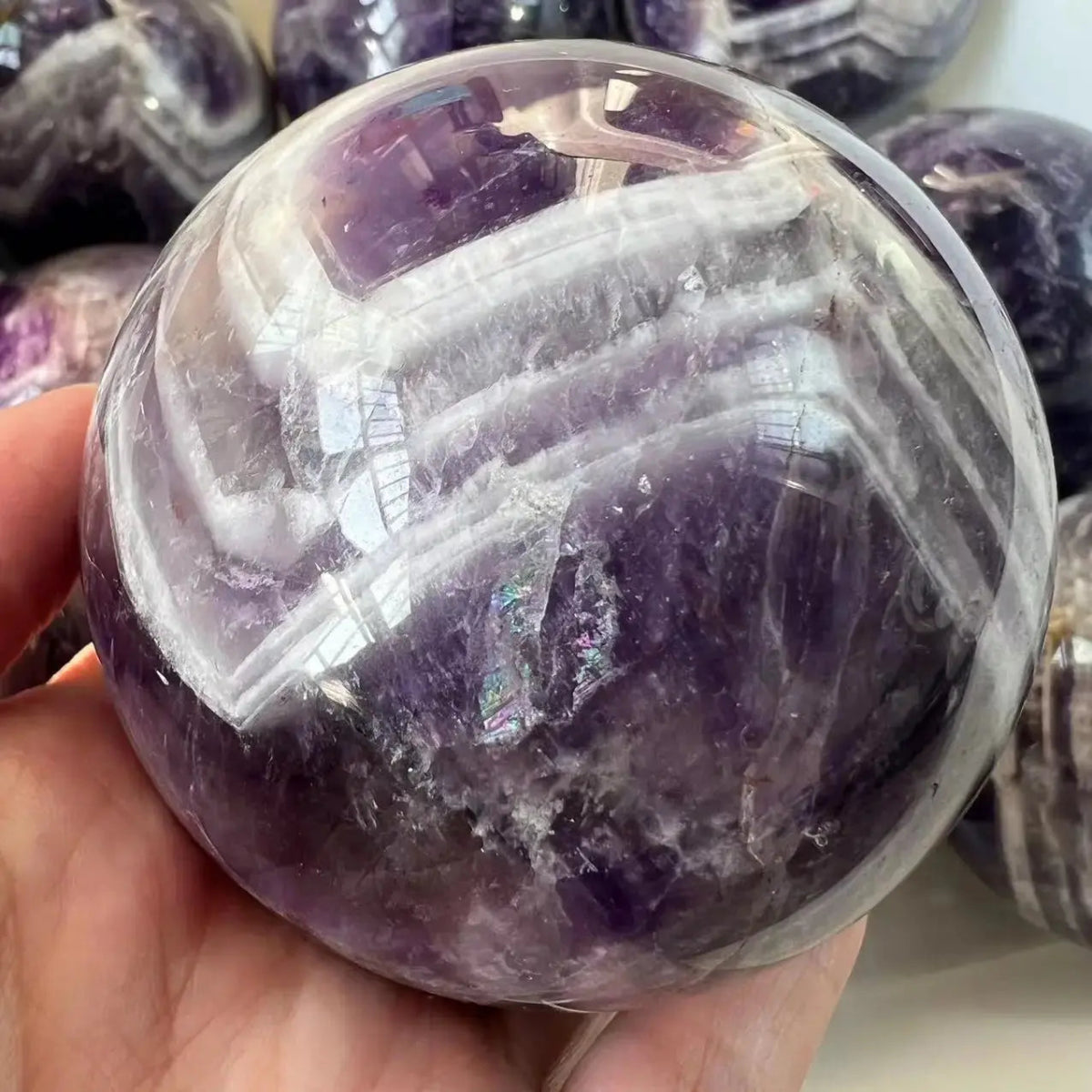 Chevron Amethyst Sphere – 3.35" Calming the Mind Stone - Serenity Factory