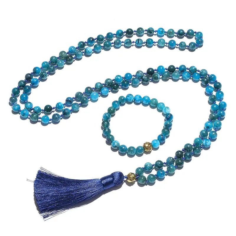 Mala Blue Apatite, 108 Hand - Knotted with Bracelet Set. - Serenity Factory
