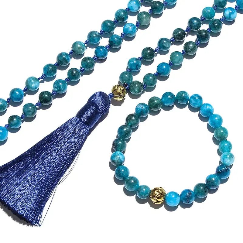 Mala Blue Apatite, 108 Hand - Knotted with Bracelet Set. - Serenity Factory