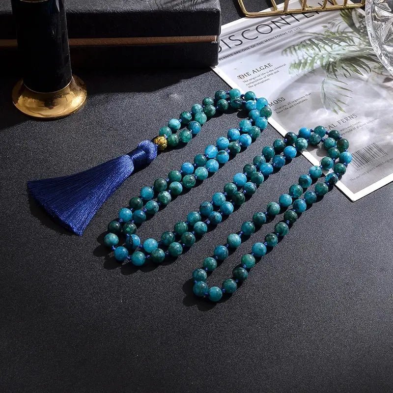 Mala Blue Apatite, 108 Hand - Knotted with Bracelet Set. - Serenity Factory