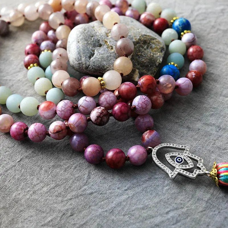 Protective Mala: Colorful Hamsa & Evil Eye Charm - Serenity Factory