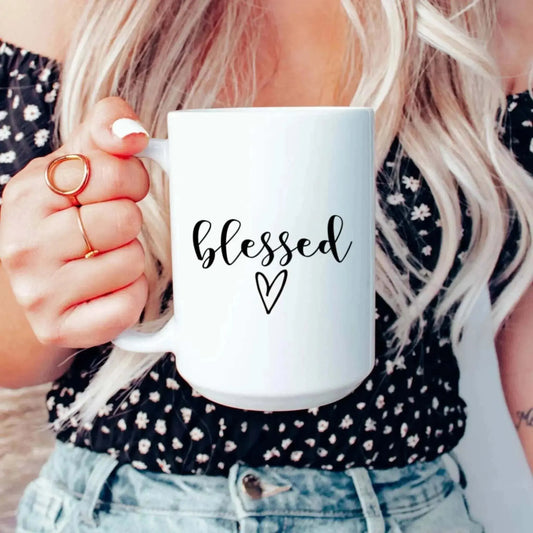 Blessed ceramic coffee mug, 15oz, durable print, dishwasher and microwave safe.