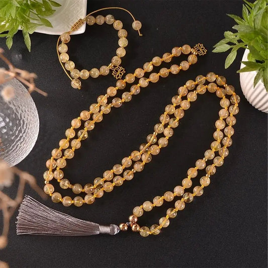 Citrine Mala & Bracelet Set – Hand - Knotted with Lotus Charm for Abundance - Serenity Factory