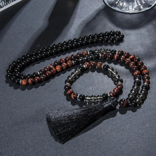 🖤 Grounded Strength – 108 Mala in Red Tiger Eye, Black Onyx &amp; Smoky Quartz - Serenity Factory