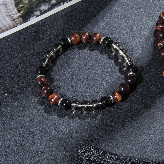 🖤 Grounded Strength – 108 Mala in Red Tiger Eye, Black Onyx &amp; Smoky Quartz - Serenity Factory