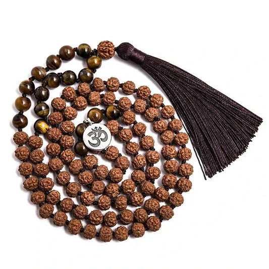 Hand - Knotted Rudraksha & Tiger Eye - Mala Bracelet Set - Serenity Factory
