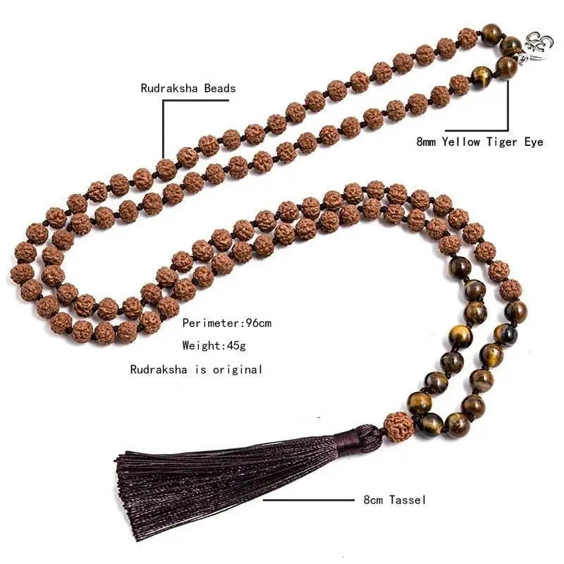 Hand - Knotted Rudraksha & Tiger Eye - Mala Bracelet Set - Serenity Factory