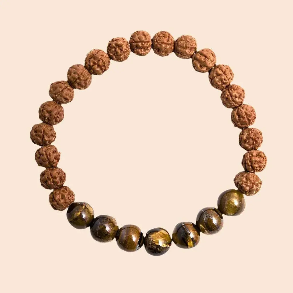 Hand - Knotted Rudraksha & Tiger Eye - Mala Bracelet Set - Serenity Factory