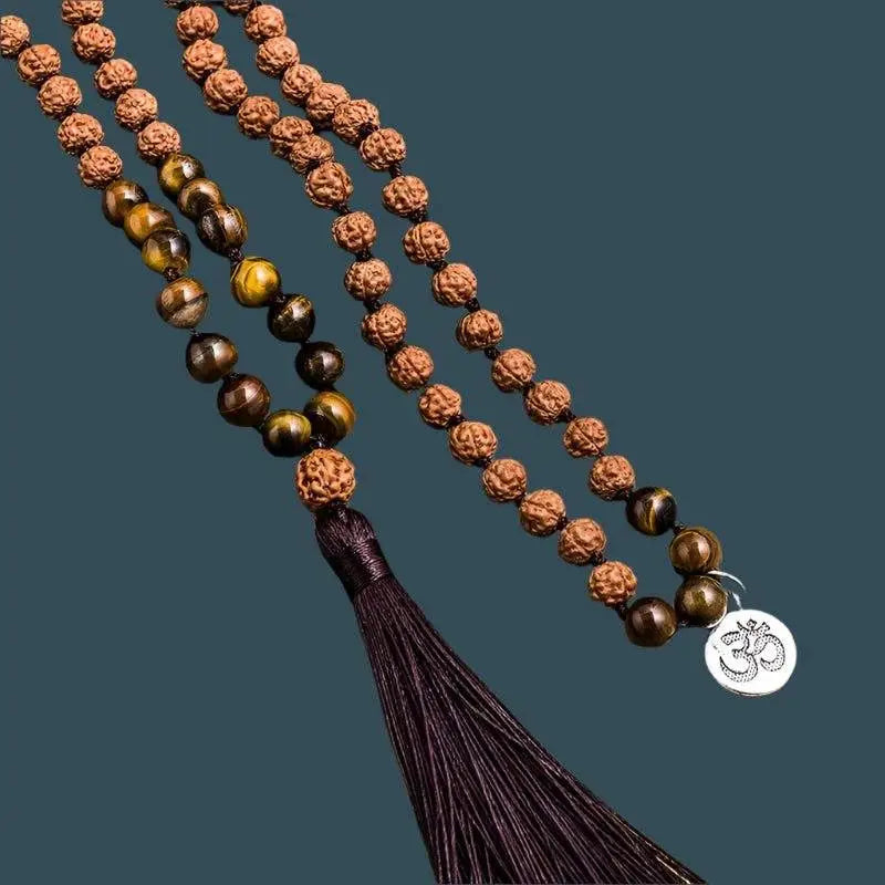 Hand - Knotted Rudraksha & Tiger Eye - Mala Bracelet Set - Serenity Factory