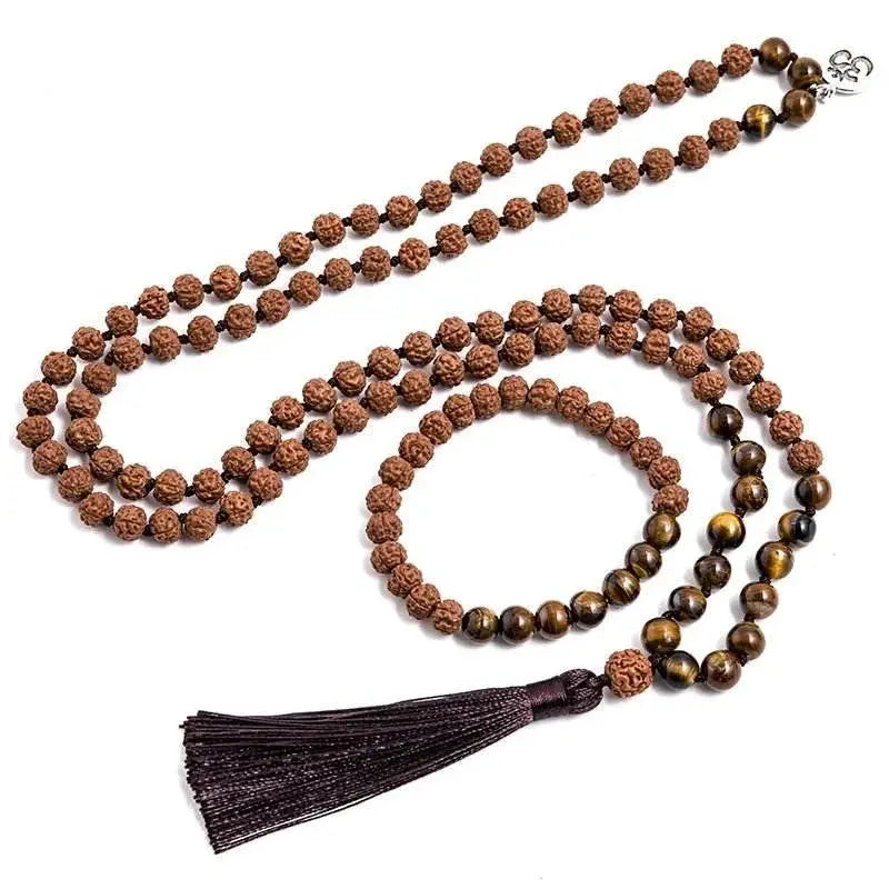 Hand - Knotted Rudraksha & Tiger Eye - Mala Bracelet Set - Serenity Factory