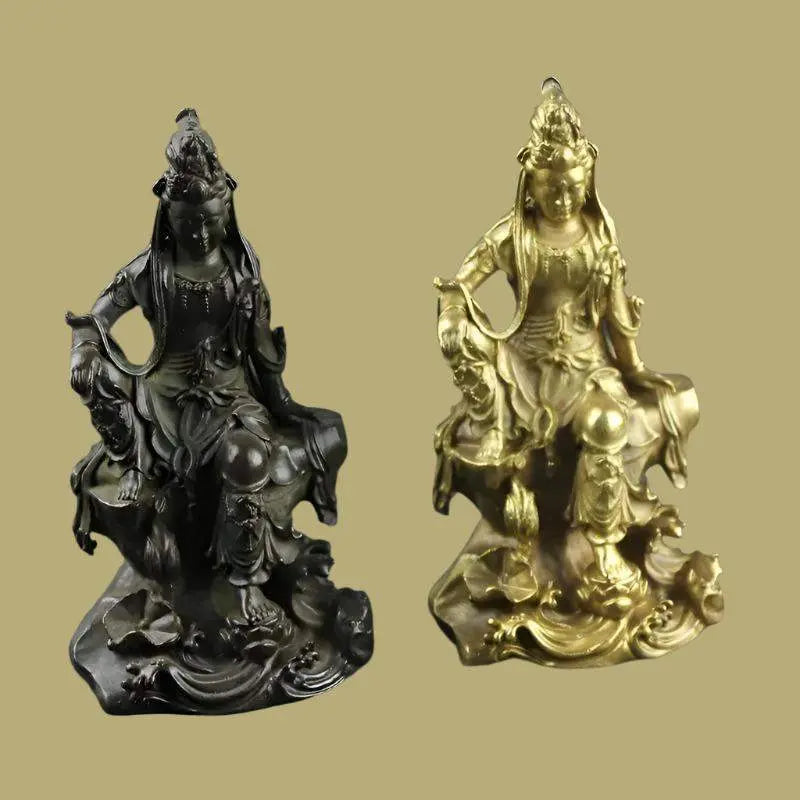 Kwan Yin Figurine in copper, symbol of compassion, available in gold and antique finish, Eastern philosophy decor.