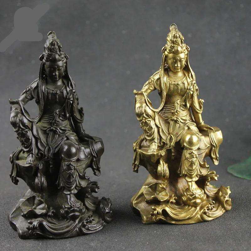 Kwan Yin Figurine in gold and antique colors, symbolizing compassion and serenity, crafted from pure copper.