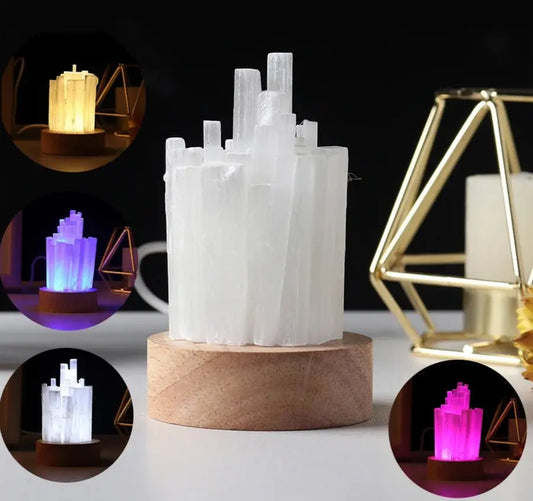 Lamp Natural Selenite for Colorful Nights - Choice of colors - Serenity Factory US