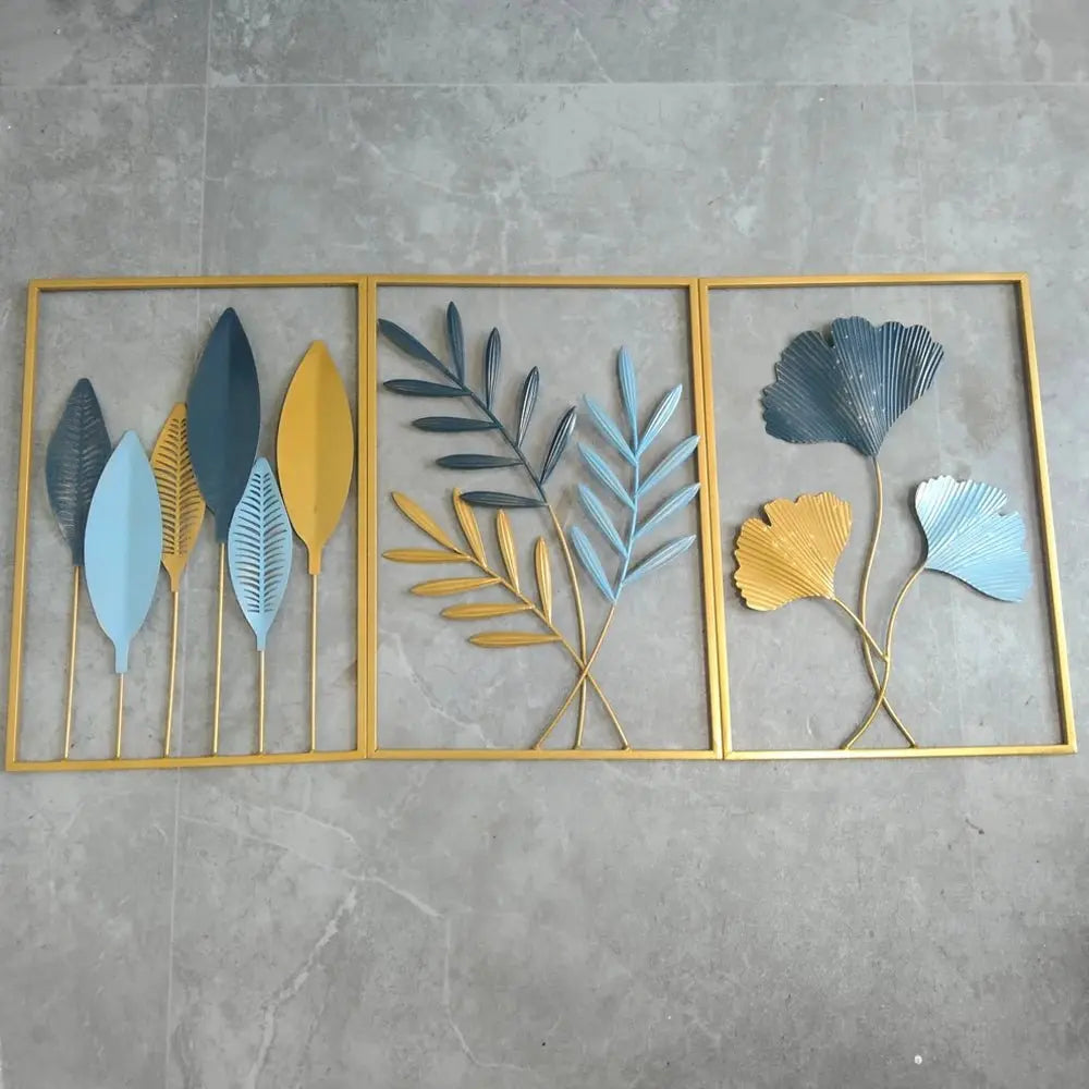 Metal Leaf Wall Hanging Decor – Golden Blue Iron Art - Serenity Factory US