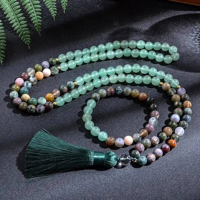 Indian Agate & Green Aventurine Mala. 108 Beads Mala and Bracelet - Serenity Factory US