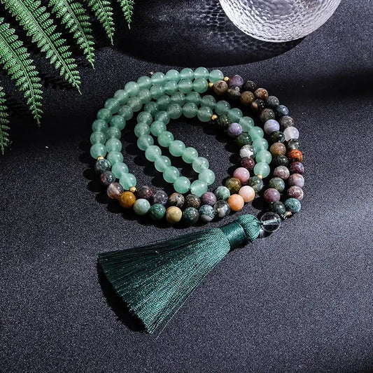 Indian Agate & Green Aventurine Mala. 108 Beads Mala and Bracelet - Serenity Factory US