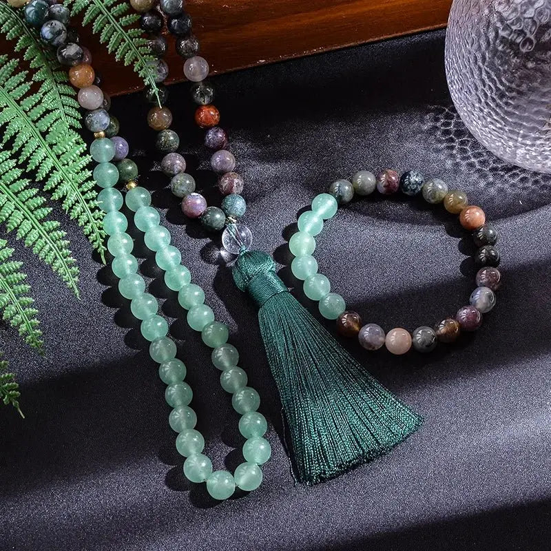 Indian Agate & Green Aventurine Mala. 108 Beads Mala and Bracelet - Serenity Factory US