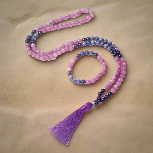 Mala Lepidolite & Lapis Lazuli 108 knotted Beads. Mala or Set with Bracelet. - Serenevi