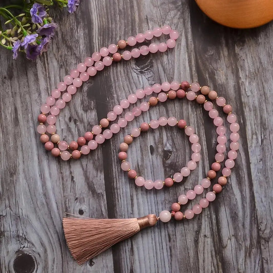 Mala Rose Quartz, Rhodonite ~ 108 Beads for Heart Healing - Serenity Factory