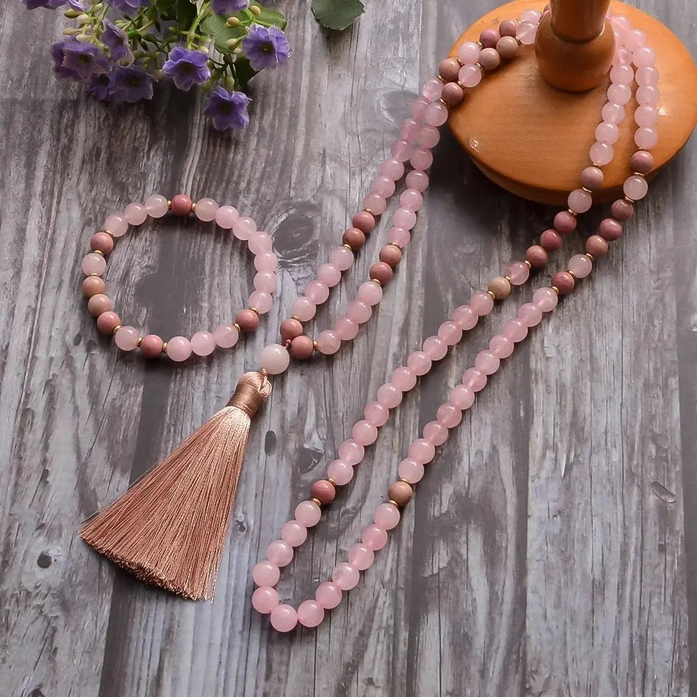Mala Rose Quartz, Rhodonite ~ 108 Beads for Heart Healing - Serenity Factory