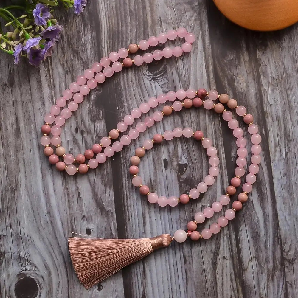 Mala Rose Quartz, Rhodonite ~ 108 Beads for Heart Healing - Serenity Factory