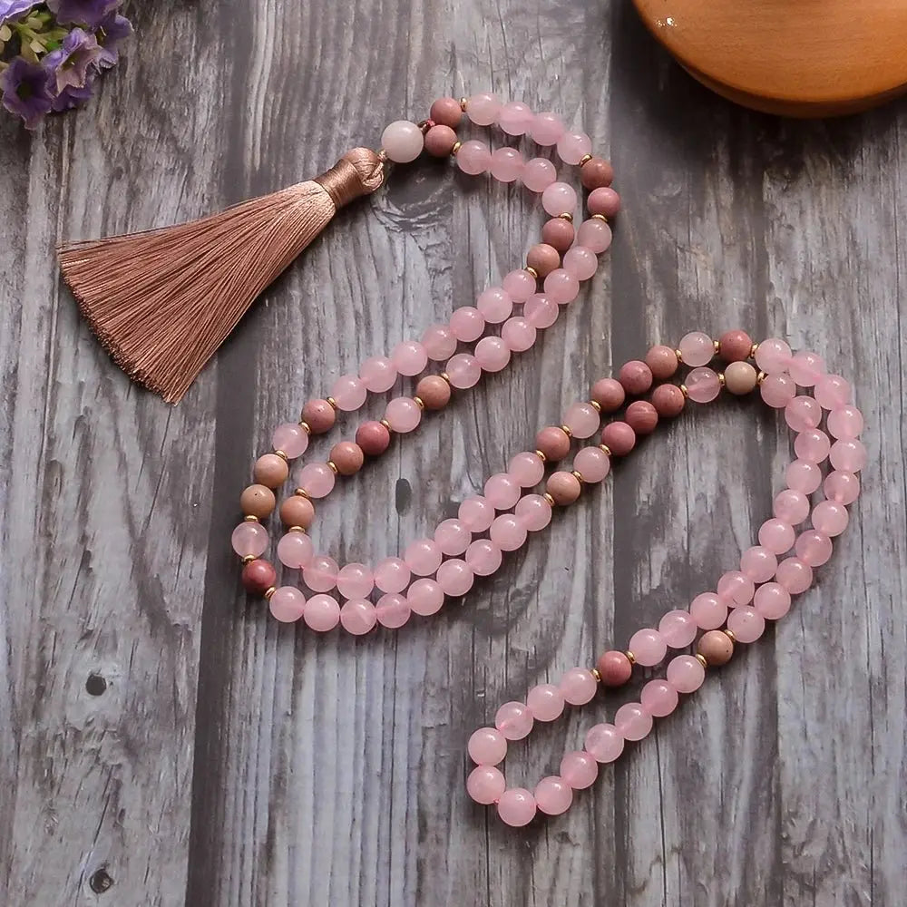 Mala Rose Quartz, Rhodonite ~ 108 Beads for Heart Healing - Serenity Factory