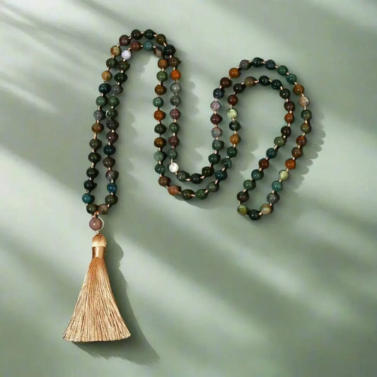 Indian Agate 108 Bead Hand - knotted Mala in 2 sizes. - Serenity Factory