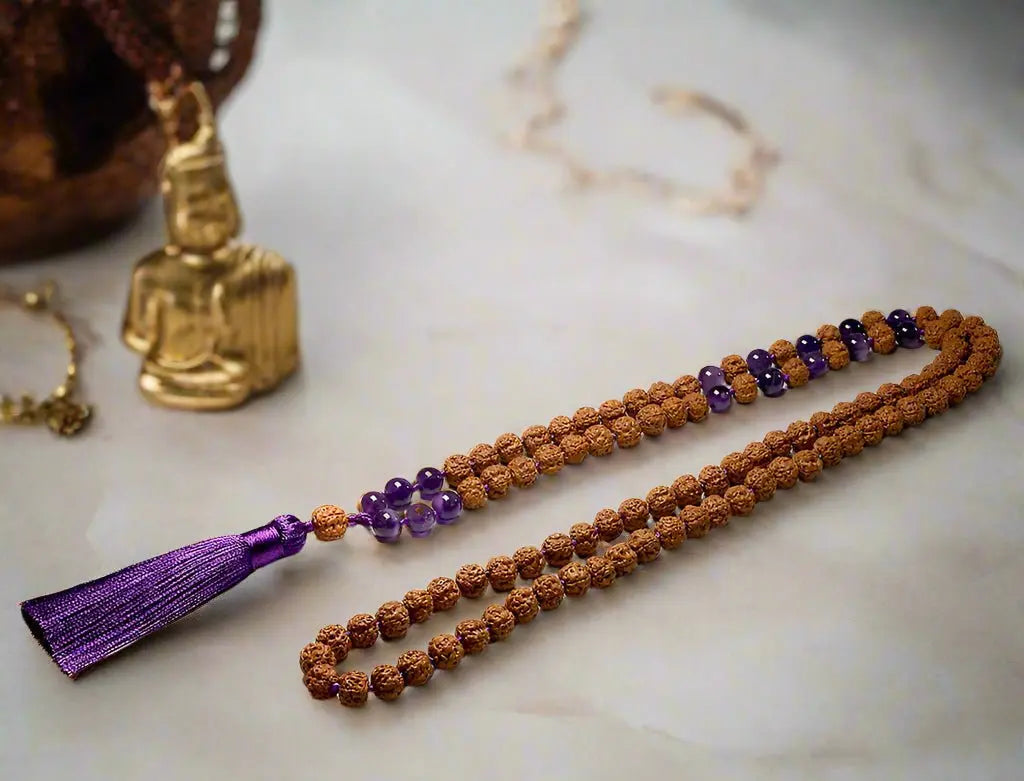 Natural Rudraksha 108 mala Knotted Amethyst - Mala, Bracelet or Set - Serenity Factory US
