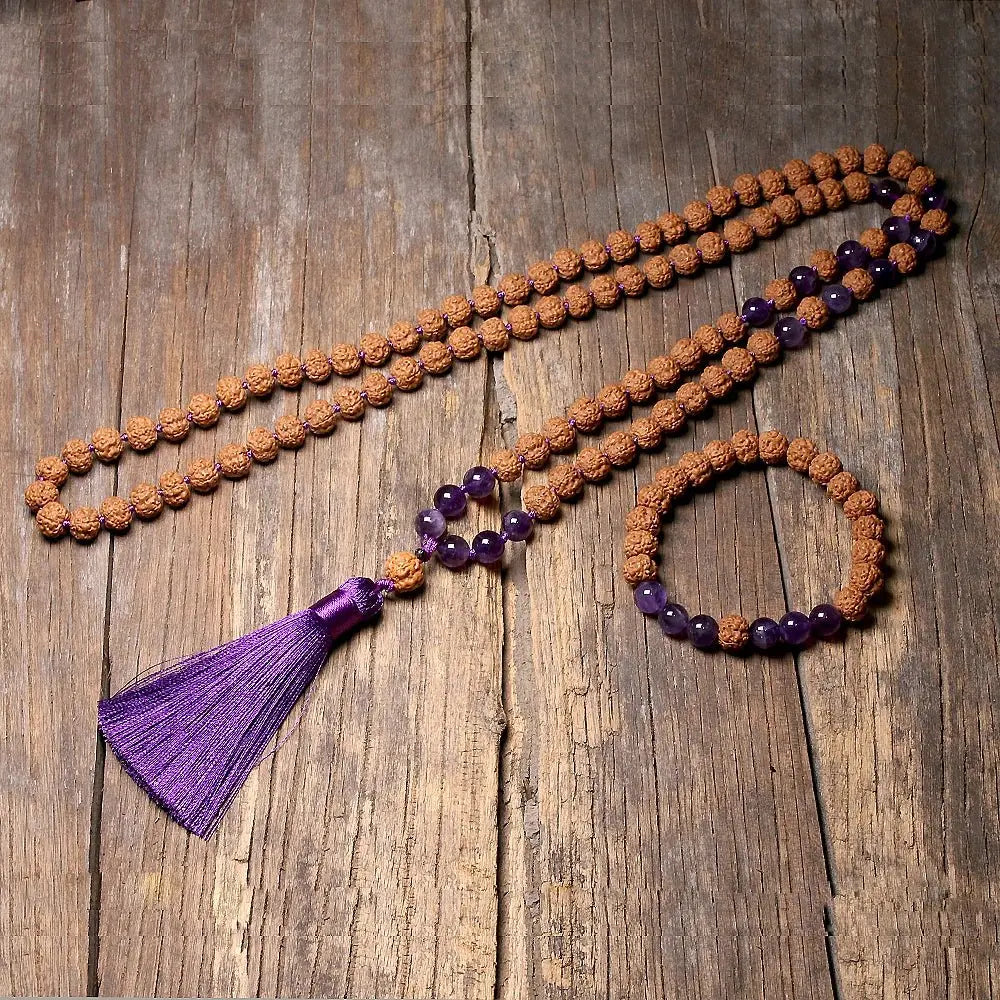 Natural Rudraksha 108 mala Knotted Amethyst - Mala, Bracelet or Set - Serenity Factory US