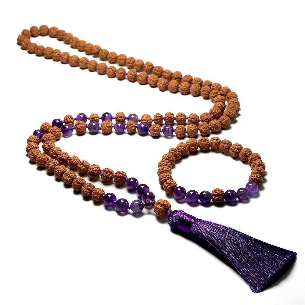 Natural Rudraksha 108 mala Knotted Amethyst - Mala, Bracelet or Set - Serenity Factory US