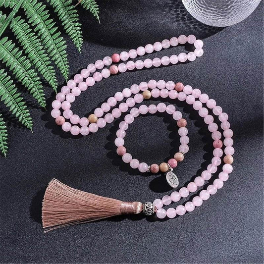 Rose Quartz Rhodonite Mala with Om charm and tassel, 108 beads, meditation bracelet set.