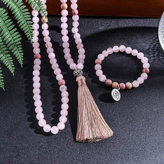 Rose Quartz Rhodonite Mala with OM Charm and Pink Tassel Set