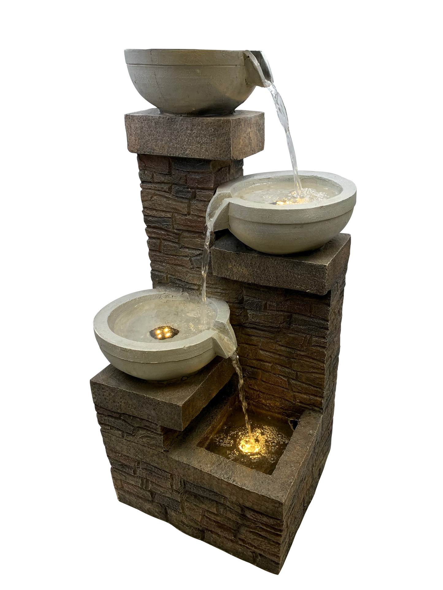 Zen indoor/outdoor water fountain with LED lights, three levels, and natural design.