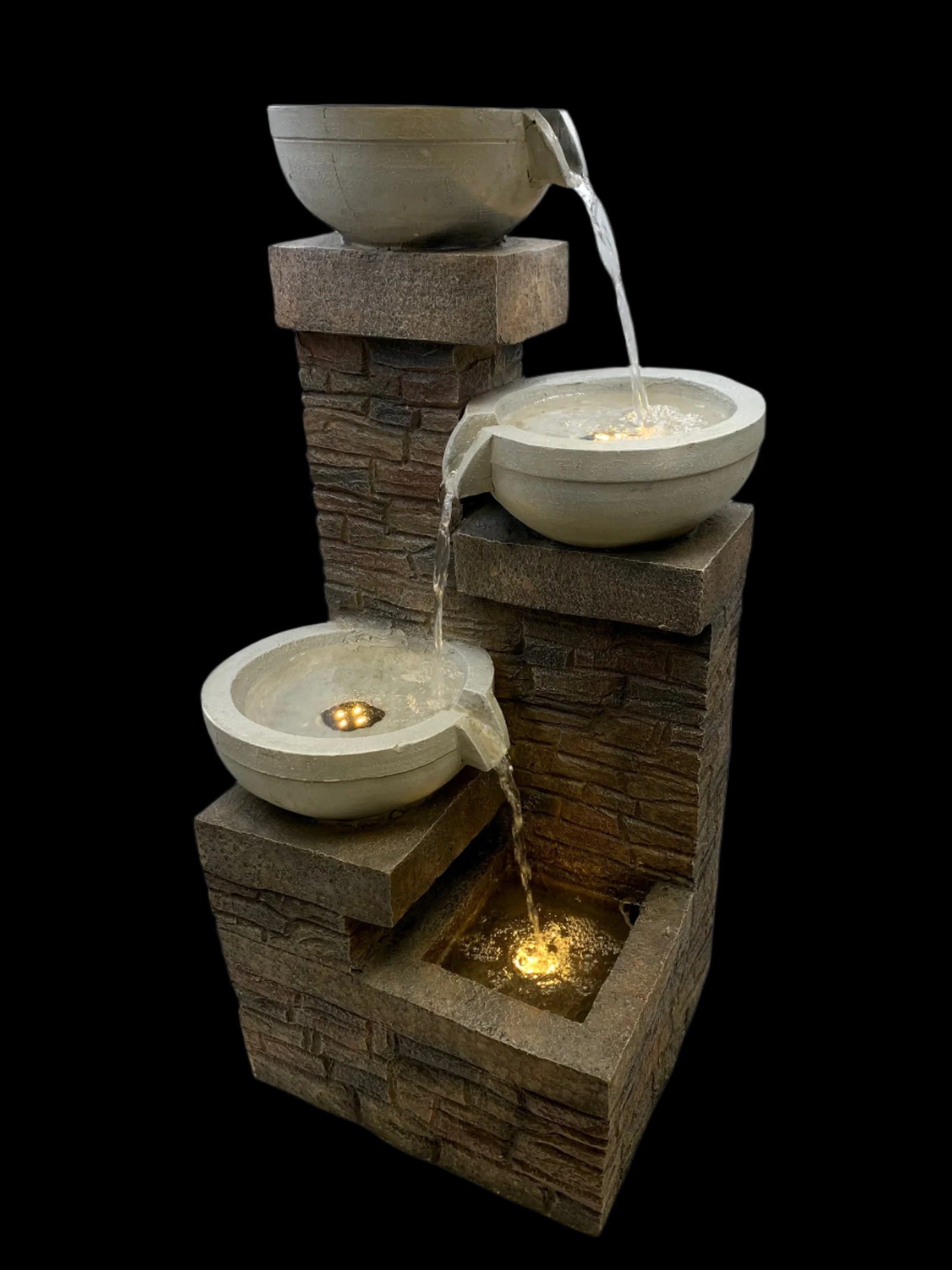 Zen Indoor/Outdoor Water Fountain with 3 levels, soothing water sound, realistic textures, LED lights, and durable resin design.