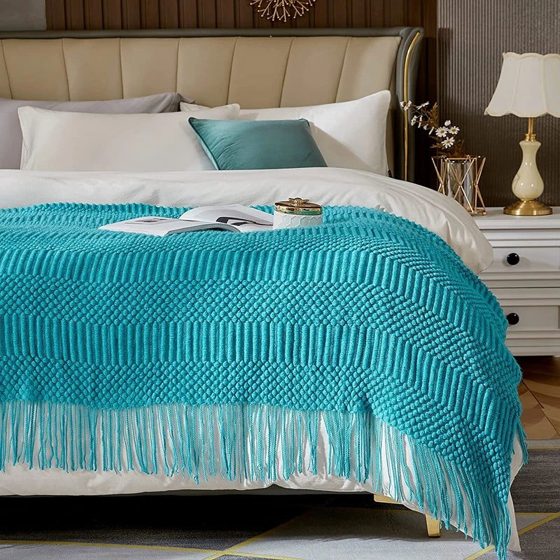 Turquoise Knitted Bed Throw Blanket with Tassels - Serenity Factory -