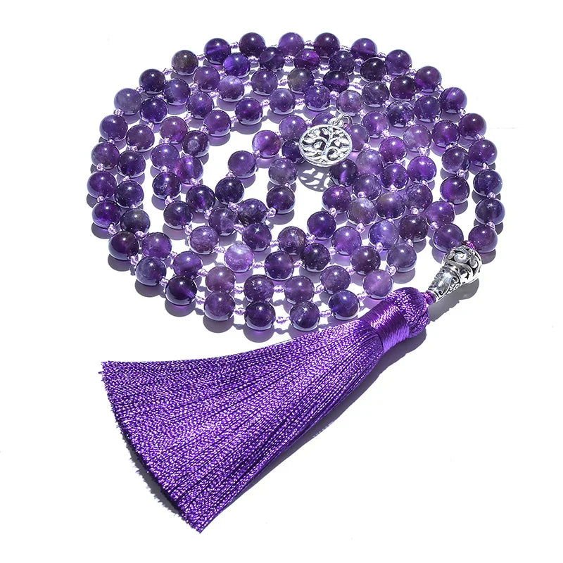 Amethyst Mala Hand - Knotted 108 Beads with Tree of Life Charm - Serenity Factory