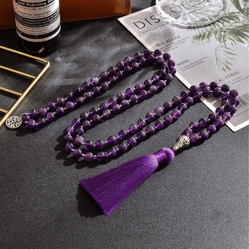 Amethyst Mala Hand - Knotted 108 Beads with Tree of Life Charm - Serenity Factory