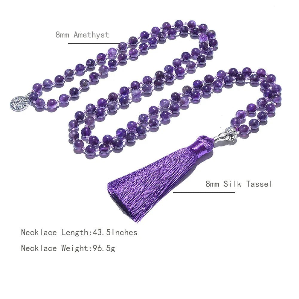 Amethyst Mala Hand - Knotted 108 Beads with Tree of Life Charm - Serenity Factory