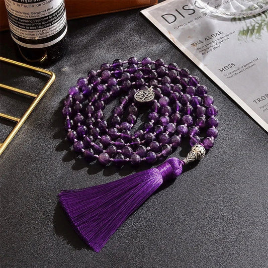 Amethyst Mala Hand - Knotted 108 Beads with Tree of Life Charm - Serenity Factory