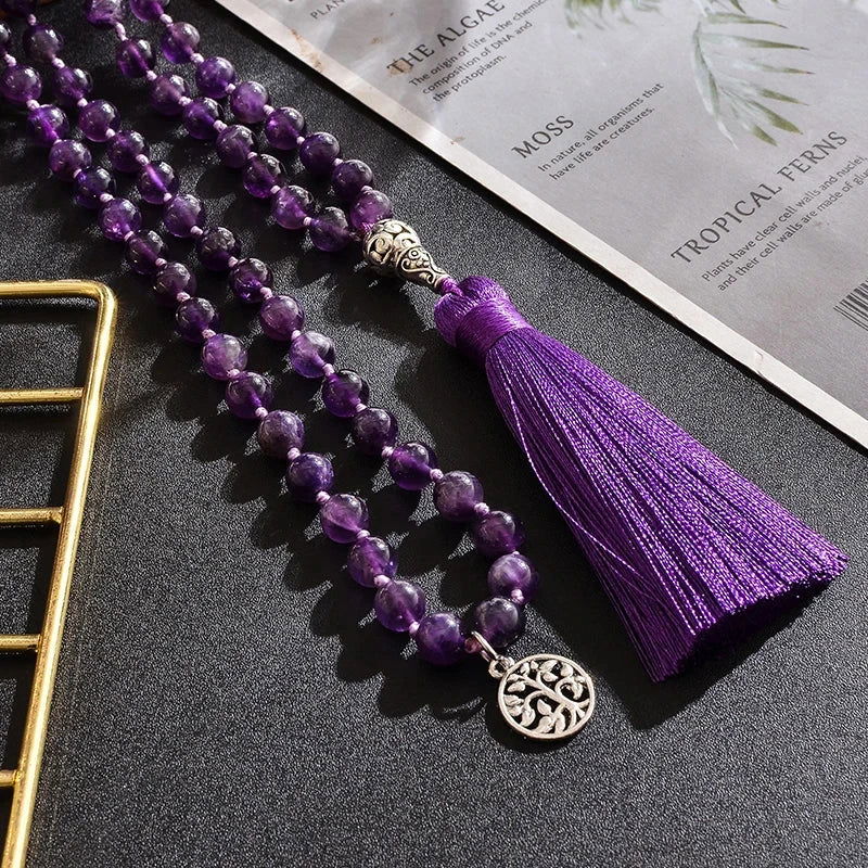 Amethyst Mala Hand - Knotted 108 Beads with Tree of Life Charm - Serenity Factory