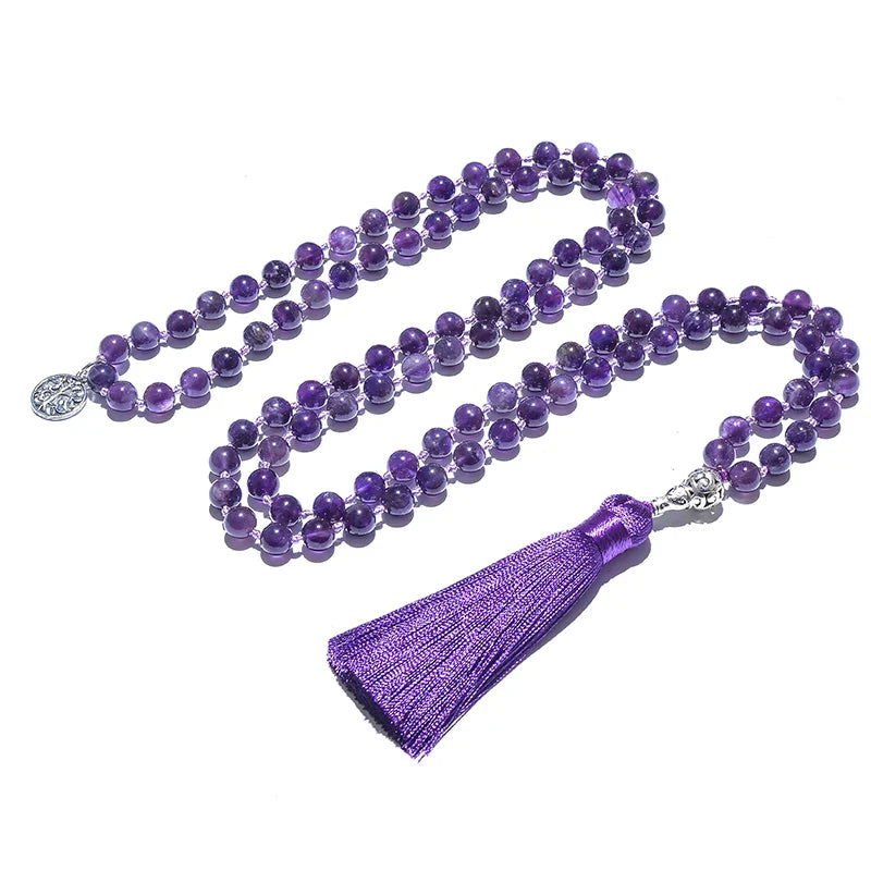 Amethyst Mala Hand - Knotted 108 Beads with Tree of Life Charm - Serenity Factory