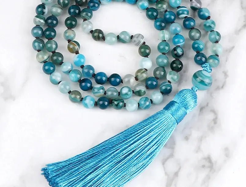 Blue Agate Mala – Hand - Knotted with Silk Tassel - Serenity Factory