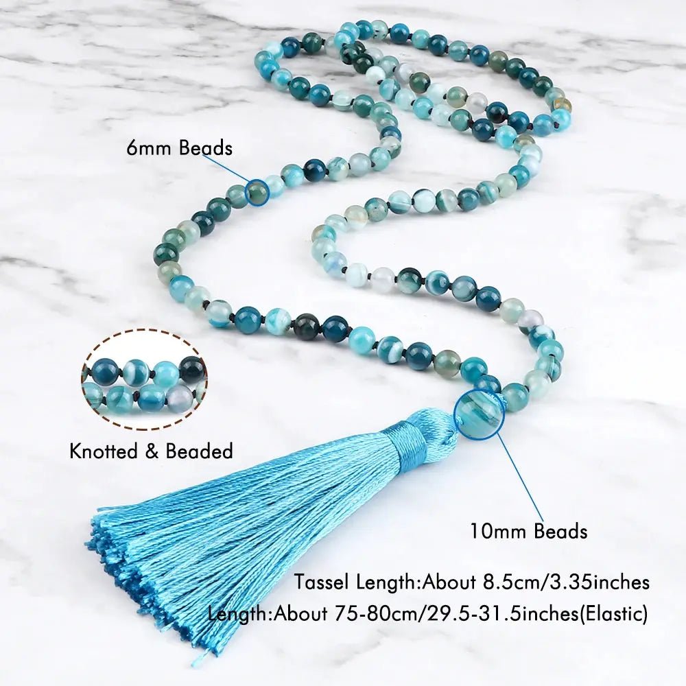 Blue Agate Mala – Hand - Knotted with Silk Tassel - Serenity Factory