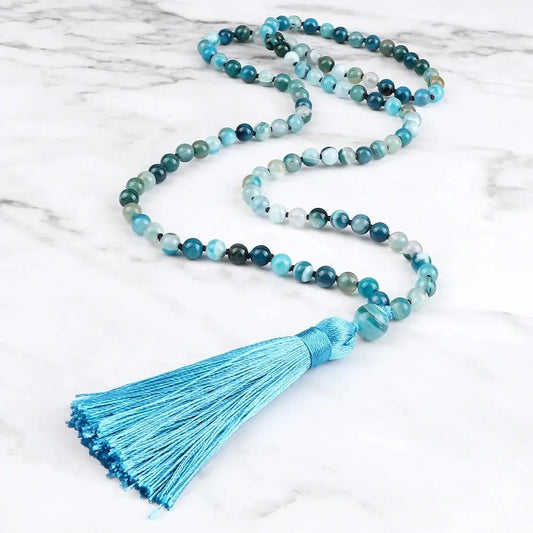 Blue Agate Mala – Hand - Knotted with Silk Tassel - Serenity Factory